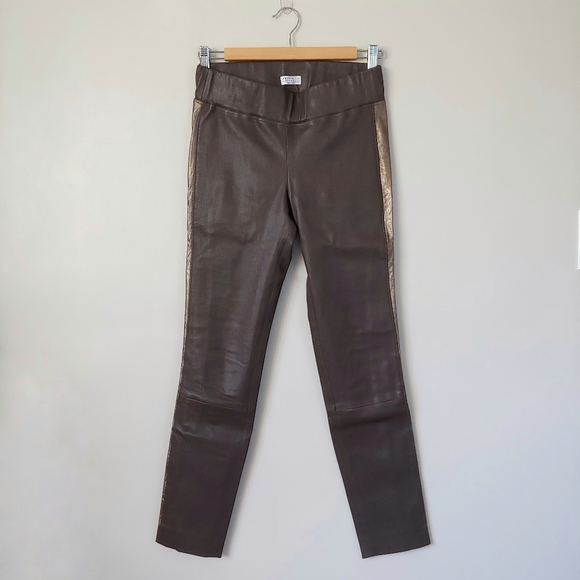 Brunello Cucinelli Leather Pants Side Stripe Espresso Green Size 2 - Picture 3 of 16
